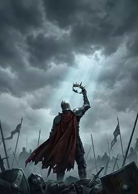 Stormlight Coronation: Armored Knight Raising the Iron Crown