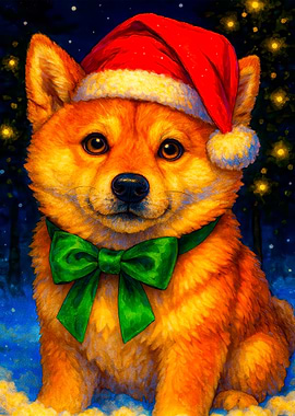 Festive Dog with Santa Hat and Bow