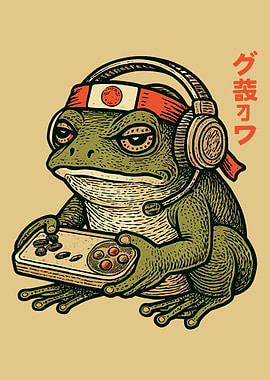 Gamer Frog Poster Japanese Woodcut Style Wall Art Frog with Headphones Print