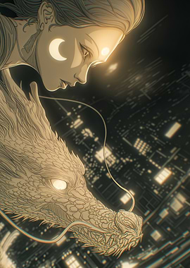 Woman with Dragon over Cityscape