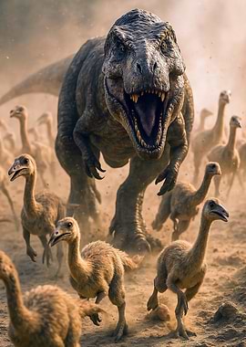 Tyrannosaurus Rex chasing Gallimimus herd