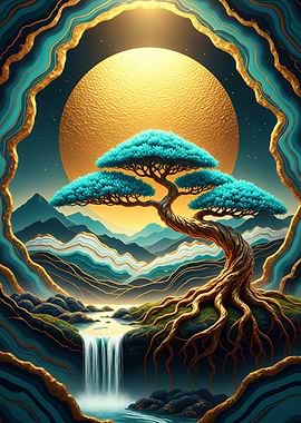 Serene tree by waterfall under golden sun