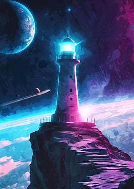 Cosmic Neon Lighthouse in Space