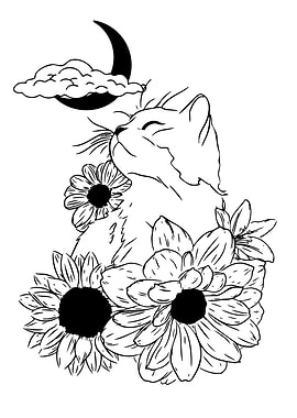 Cat with Flowers and Moon