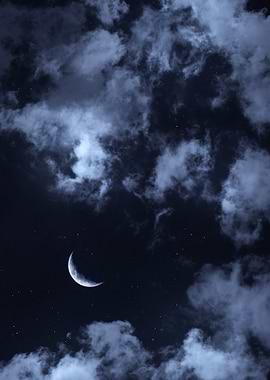 Crescent Moon and Cloudy Night Sky