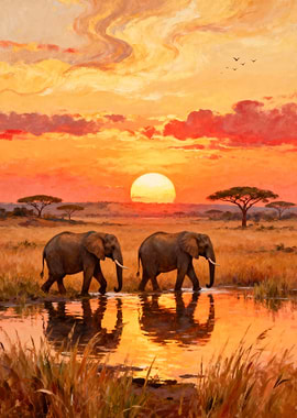 2 Elephants at Sunset Painting