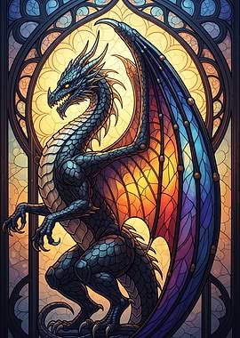 Majestic dragon in stained glass window with vibrant colors