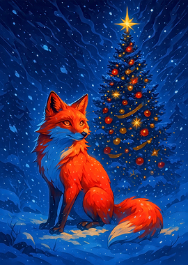 Fox and Christmas Tree in Snow