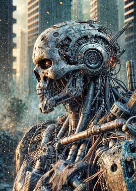 Cybernetic Skull Robot in Urban Winter Setting