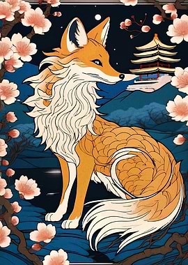 Fox and Cherry Blossoms Illustration