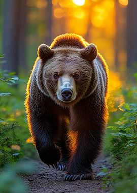 Brown Bear Walking in Forest Sunlight