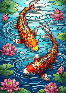 Koi Fish and Lotus Flowers