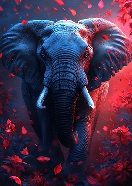 Elephant in Red Floral Fantasy