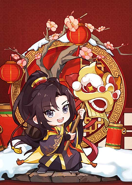 Chibi Character with Lion Dance Puppet