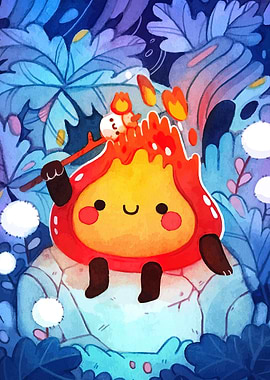 Cute Fire Character Roasting Marshmallow