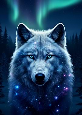 Wolf under Aurora Borealis