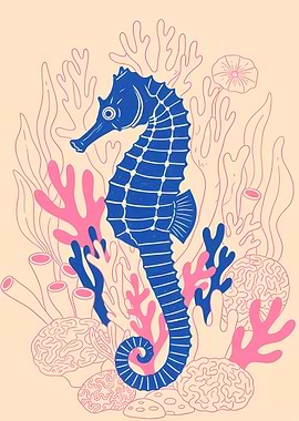 Blue Seahorse with Coral Reef Illustration