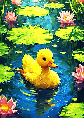 Duckling in Lily Pond