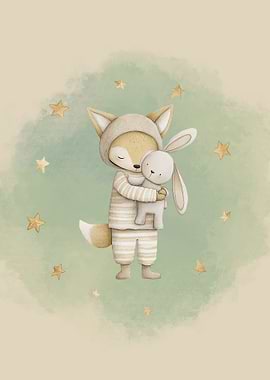 Fox and Rabbit Cuddle Illustration