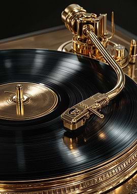 Golden Turntable with Black Vinyl Record