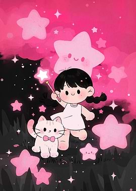 Cute Girl, Cat, and Stars Illustration