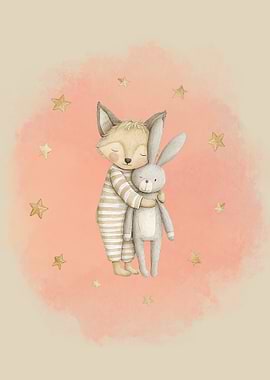 Fox and Rabbit Hug Illustration