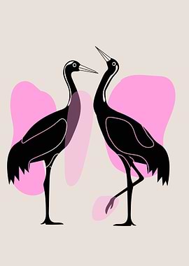 Two Cranes with Pink Abstract Shapes