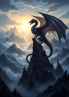 Majestic dragon perched on mountain peak at sunset