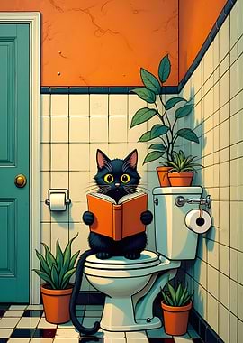 Cat Reading on Toilet