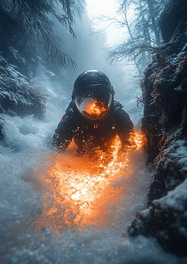 Astronaut in River with Orange Glow