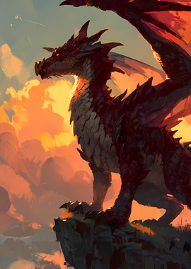 Red Dragon on Cliff at Sunset