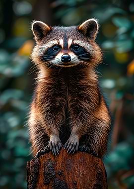 Raccoon Portrait on Tree Stump