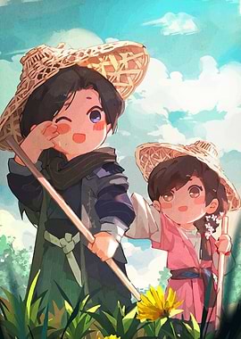 Two Children in Straw Hats