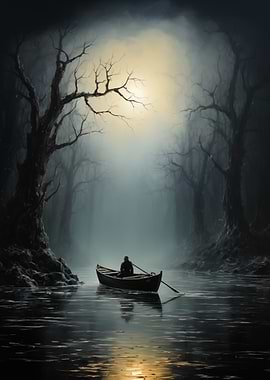 Rowboat in a Misty Forest