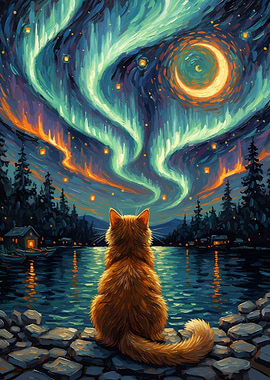 Cat Watching Aurora Borealis Painting
