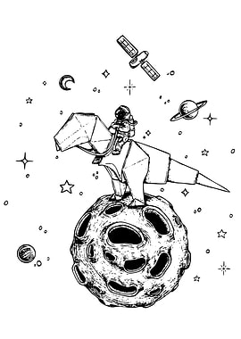 Astronaut riding origami dinosaur in space