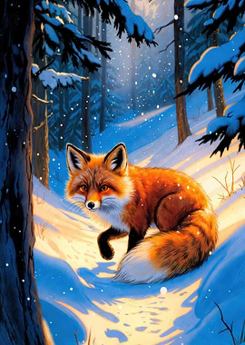 Majestic Red Fox in Snowy Forest – Winter Wildlife Fantasy Art