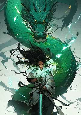 Samurai and Emerald Dragon Digital Art
