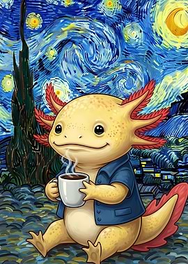 Axolotl Coffee Starry Night Painting
