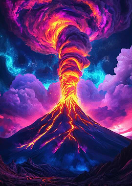 Erupting Volcano with Colorful Sky