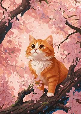 Cat in Cherry Blossom Tree