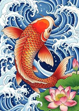 Koi Fish and Lotus Flower Art
