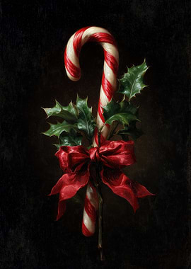 Candy Cane with Holly and Bow