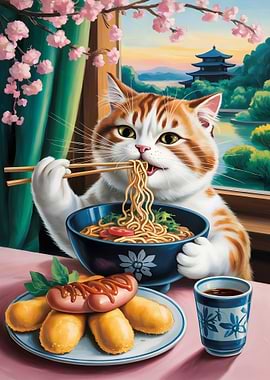 Cat Eating Ramen in Japanese Setting