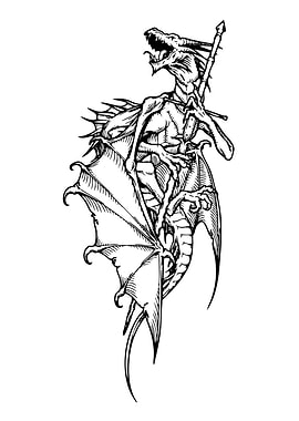 Dragon with Staff Black and White