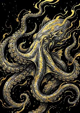 Golden Octopus the kraken on Black Background