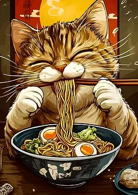 Cat eating ramen with chopsticks art