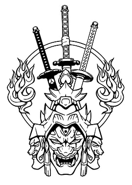Samurai Mask with Swords and Flames