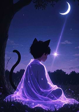 Cat-eared boy under moonlight