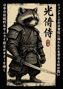 Raccoon Samurai Poster Japanese Ukiyoe Style Wall Art Vintage Warrior Print